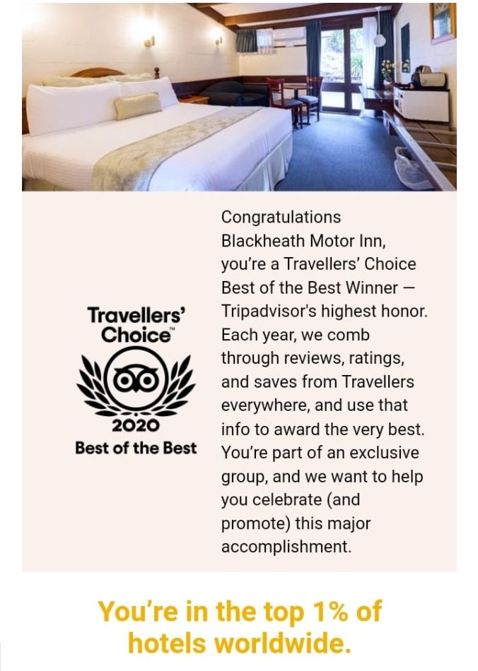 Tripadvisor Travellers' Choice Best of the Best 2020 Blackheath Motor Inn. Top 1% worldwide.